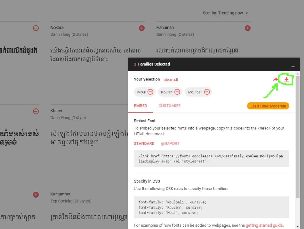 To download font Khmer Unicode from Google font Please click on the download button at the right top hand side of the download tab page. 