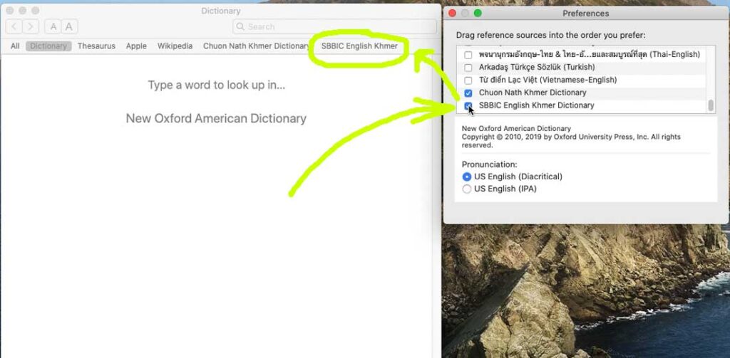You can SBBIC English Khmer on the Dictionary app tab by a tick in this checkbox.