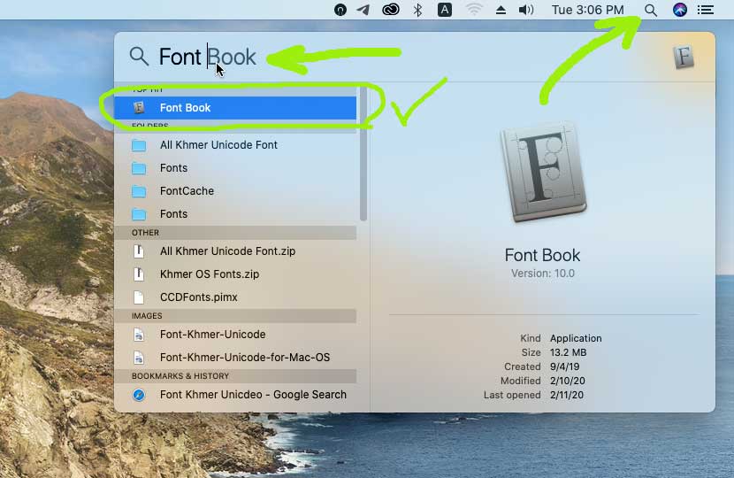 In the macOS menu bar, please click on the search button to search for "Font Book." 